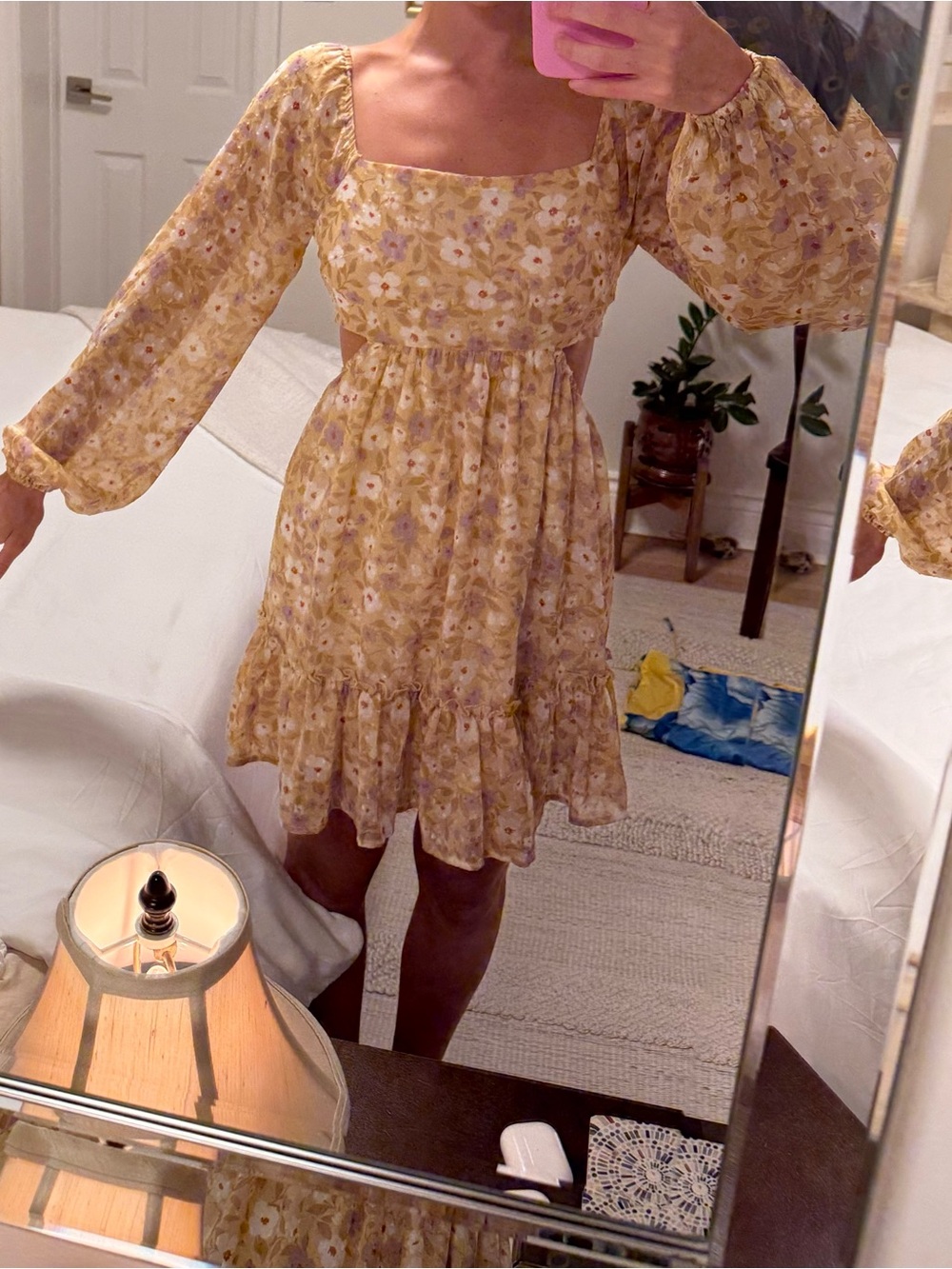 Floral Square-Neck Long-Sleeve Mini Dress - Yellow